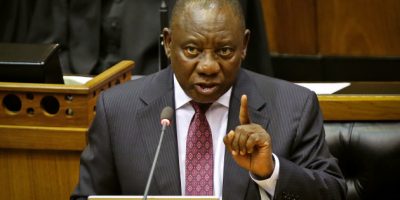 South African President Cyril Ramaphosa speaks in parliament in Cape Town, South Africa, February 20, 2018. REUTERS/Sumaya Hisham